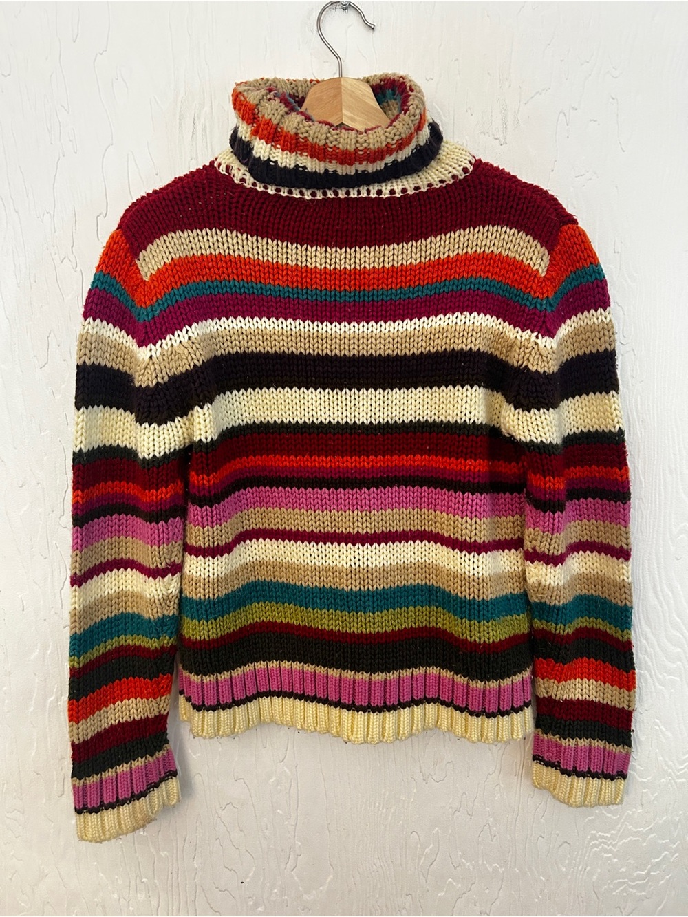 VINTAGE Y2K Chunky Knit Striped Turtleneck Multicoloured Medium 90s Winter Fall